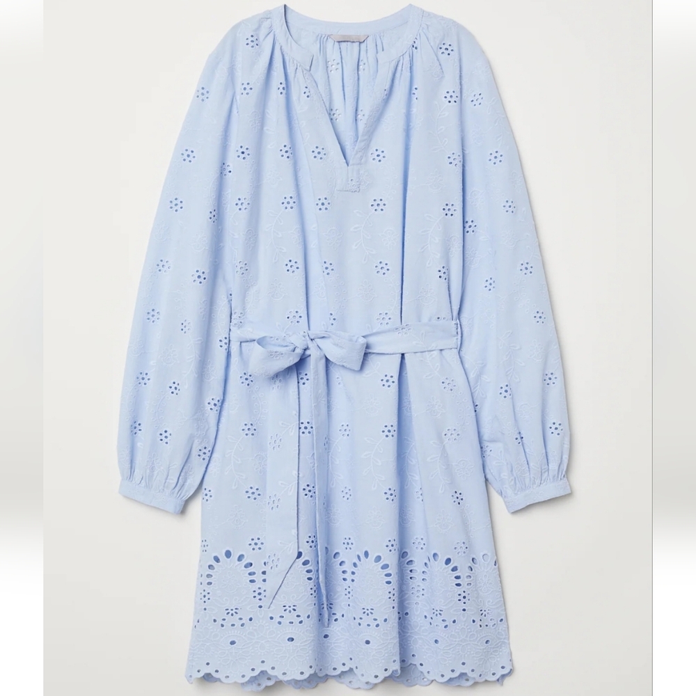 H&M Light Blue Broderie Anglaise Dress with Tie Belt, Medium, NWOT